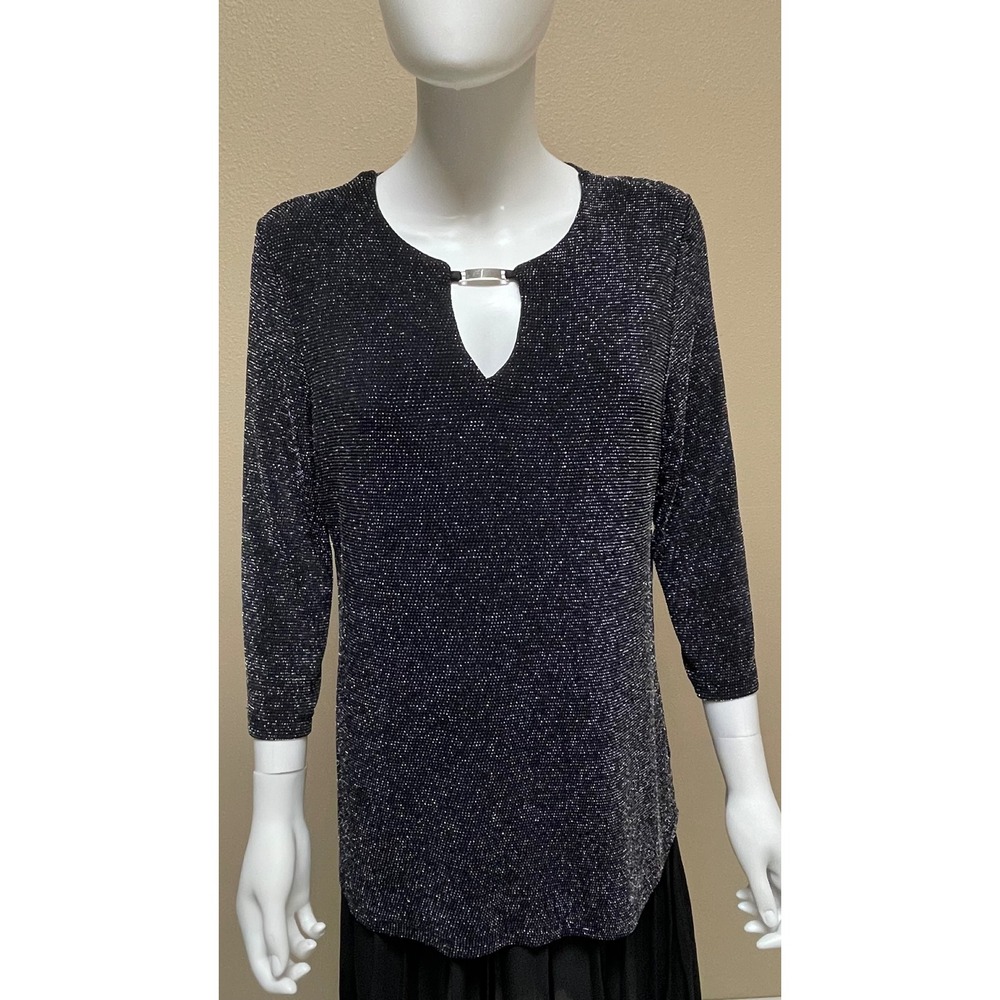 Onyx Nite Women Large Black Top Silver Metallic Shimmer Sparkly Glam Party NWOT